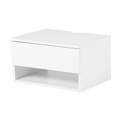 Two-piece wall-mounted bedside table set with drawers and shelves, White and Flame Grain