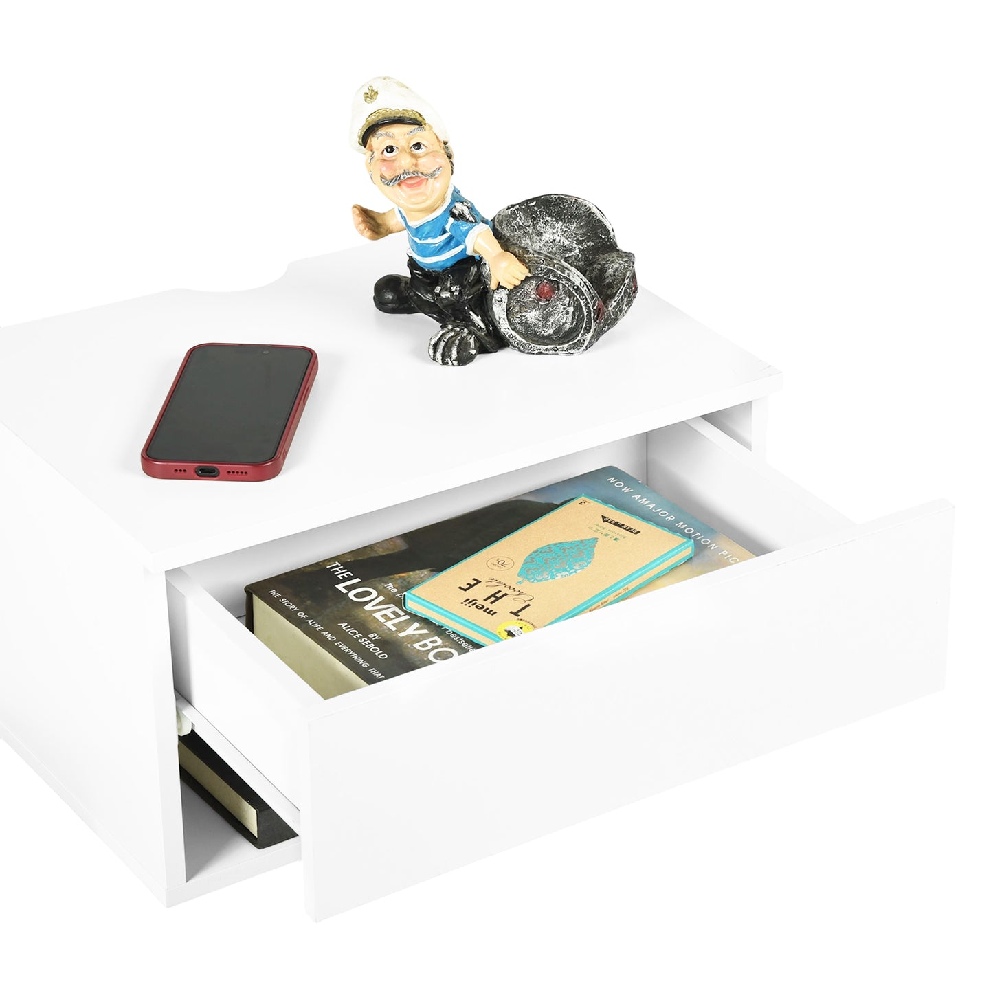 Two-piece wall-mounted bedside table set with drawers and shelves, White and Flame Grain