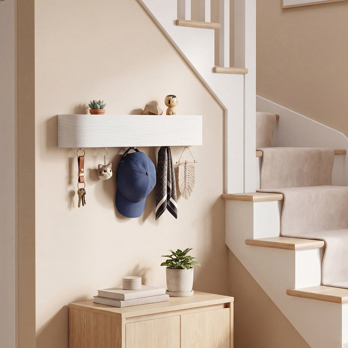 Modern Wall Mounted Coat Rack with Hidden Wall Hooks-White