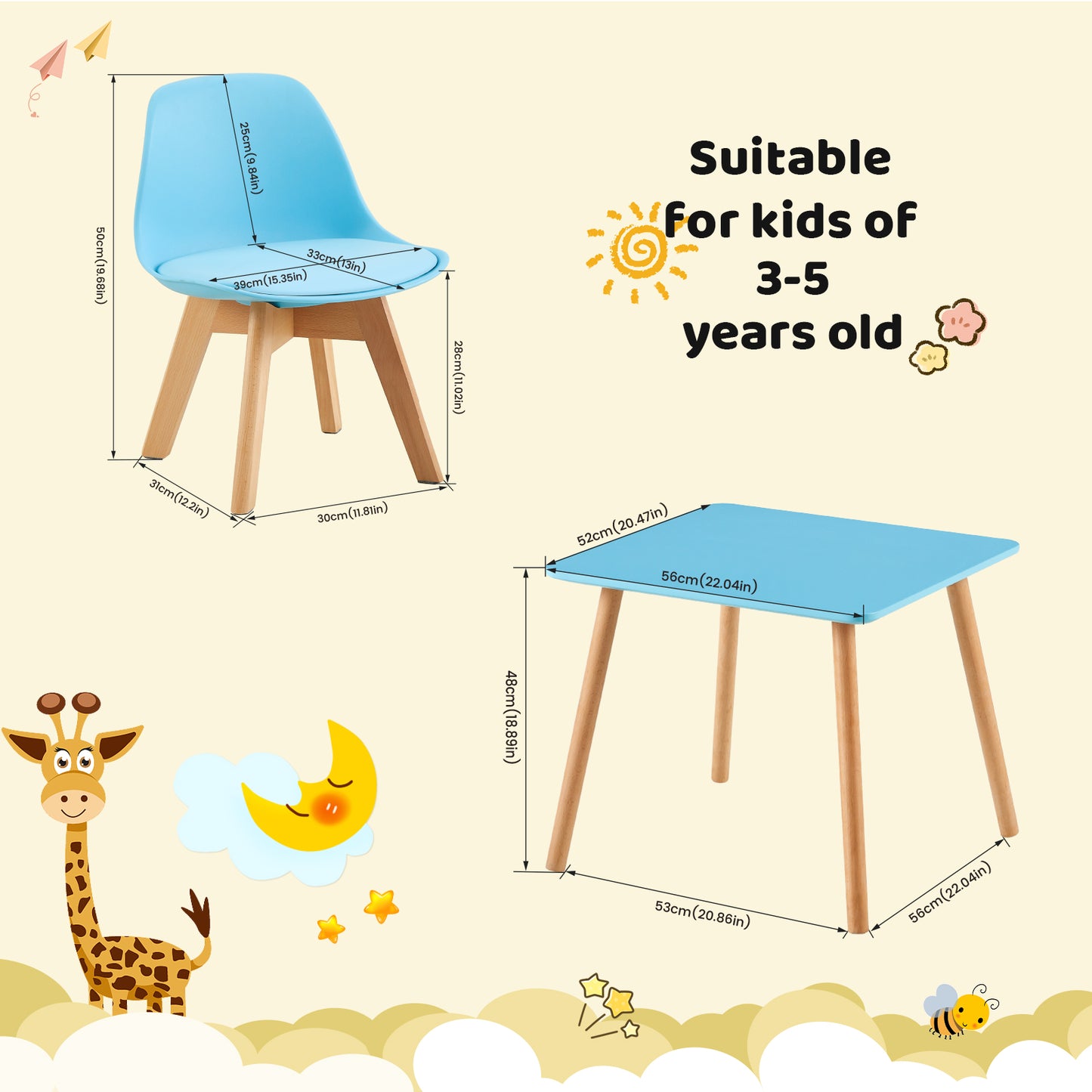 I tavoli e le sedie per bambini AUBURN sono adatti a bambini dai 3 ai 5 anni