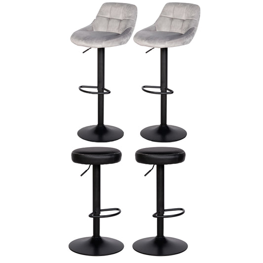 Modern Adjustable Set of 2 Bar Stools & Set of 2 Bar Chairs – Black PU & Grey Velvet with Footrests