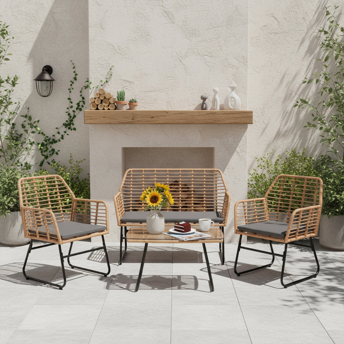 4-Piece Braided Plastic Garden - Gray Cushions - 1 Sofa, 2 Armchairs, 1 Coffee Table