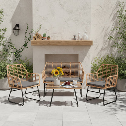 4-Piece Braided Plastic Garden - Gray Cushions - 1 Sofa, 2 Armchairs, 1 Coffee Table