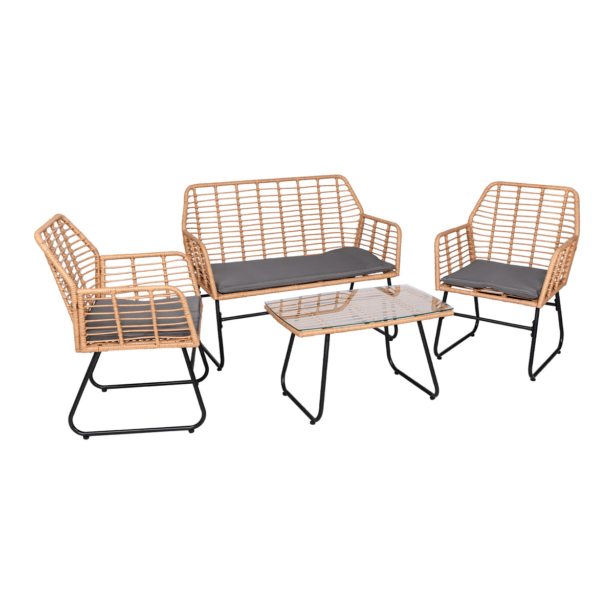 4-Piece Braided Plastic Garden - Gray Cushions - 1 Sofa, 2 Armchairs, 1 Coffee Table