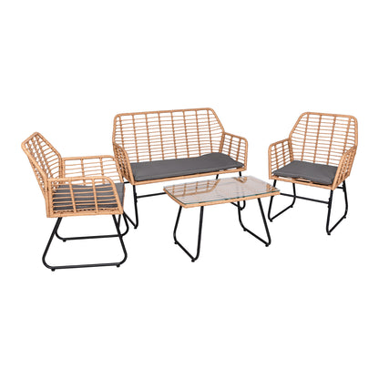 4-Piece Braided Plastic Garden - Gray Cushions - 1 Sofa, 2 Armchairs, 1 Coffee Table