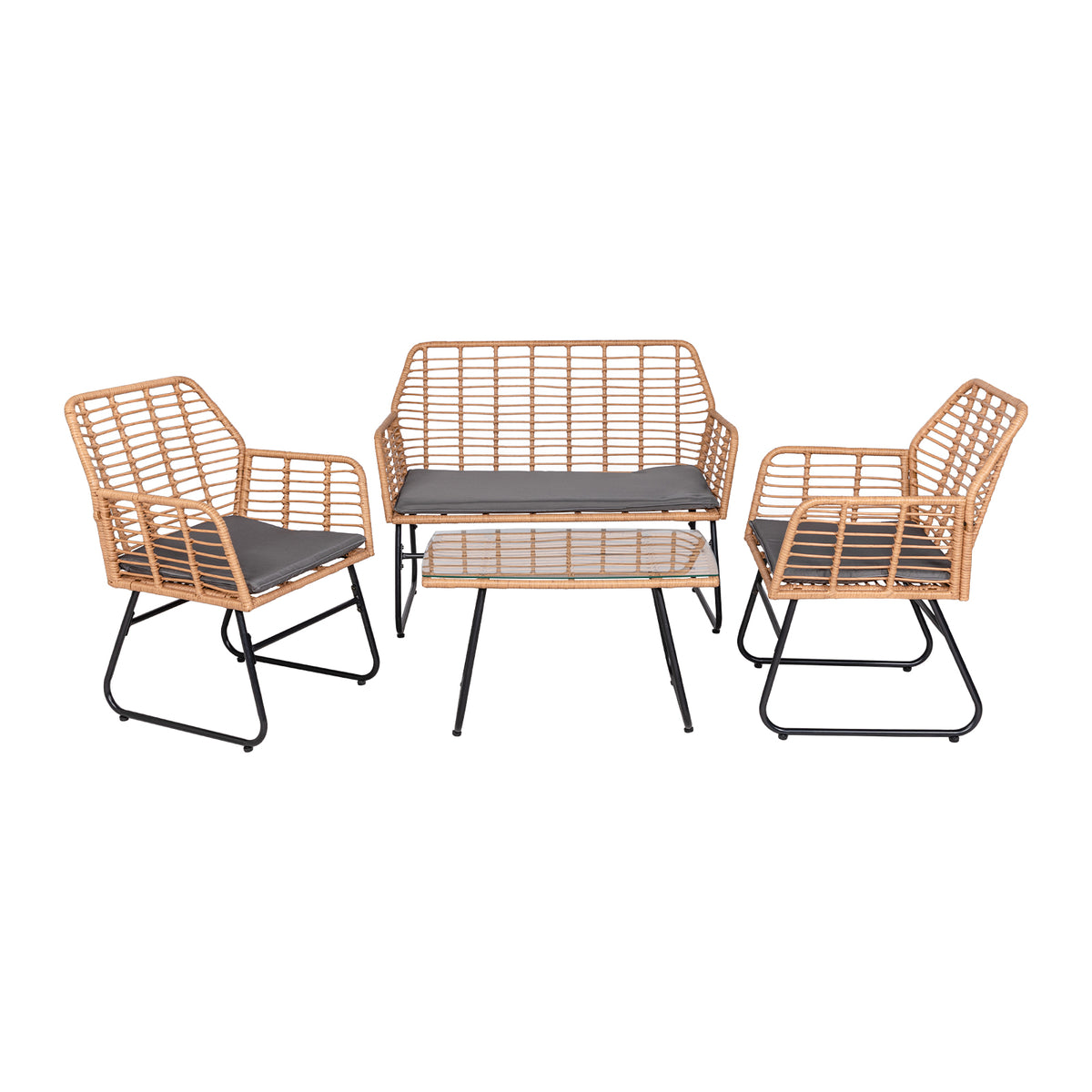 4-Piece Braided Plastic Garden - Gray Cushions - 1 Sofa, 2 Armchairs, 1 Coffee Table