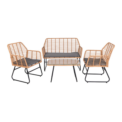 4-Piece Braided Plastic Garden - Gray Cushions - 1 Sofa, 2 Armchairs, 1 Coffee Table