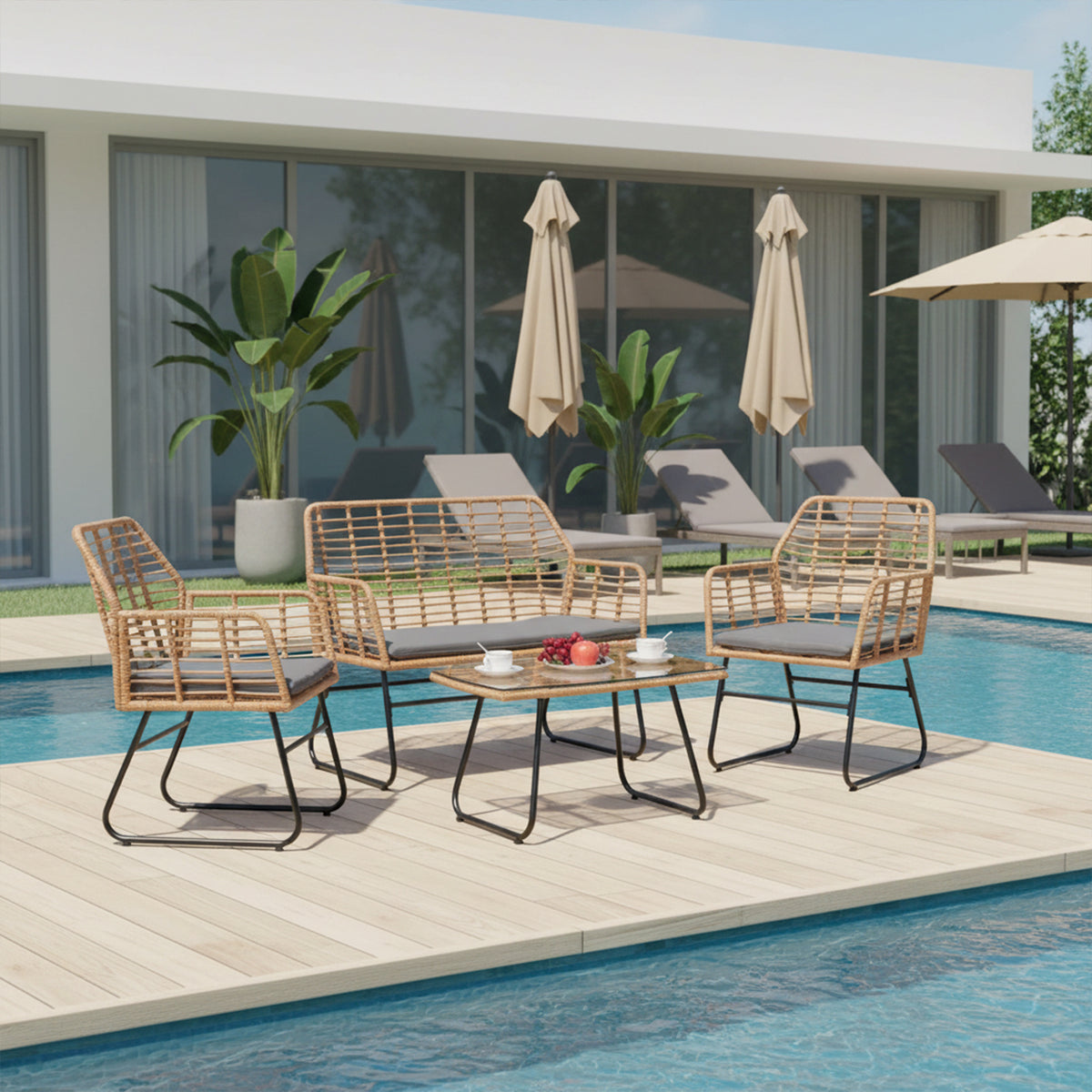 4-Piece Braided Plastic Garden - Gray Cushions - 1 Sofa, 2 Armchairs, 1 Coffee Table