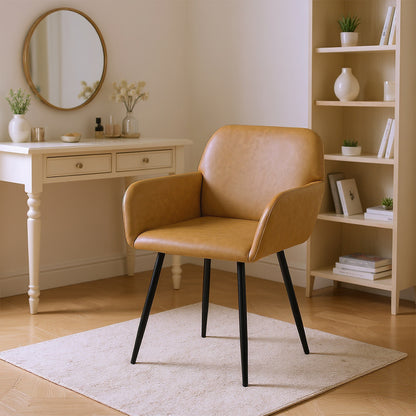 PU Leather Armrest Wide Dining Chair with Iron Legs Set of 1/2 - Brown