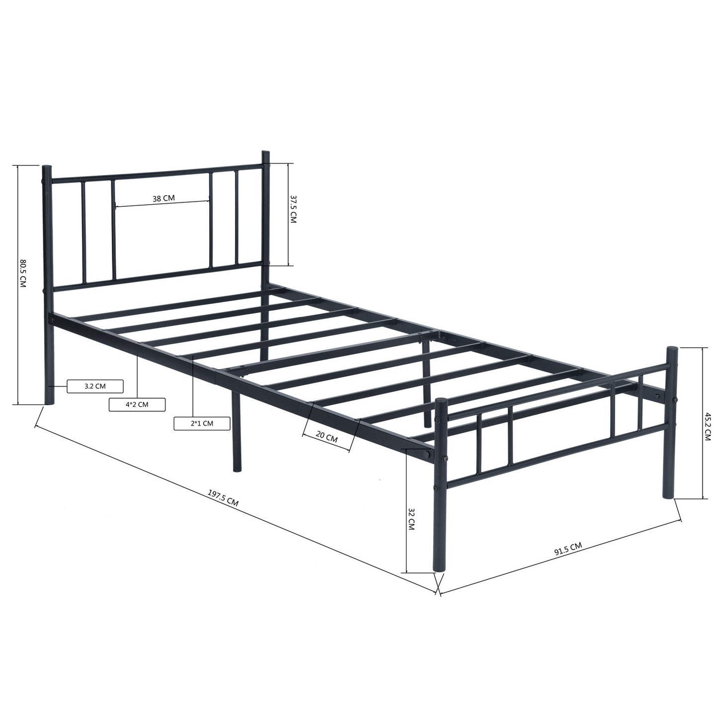 LOCARNO Metal Bed 90x190 cm Set of 2 - Black