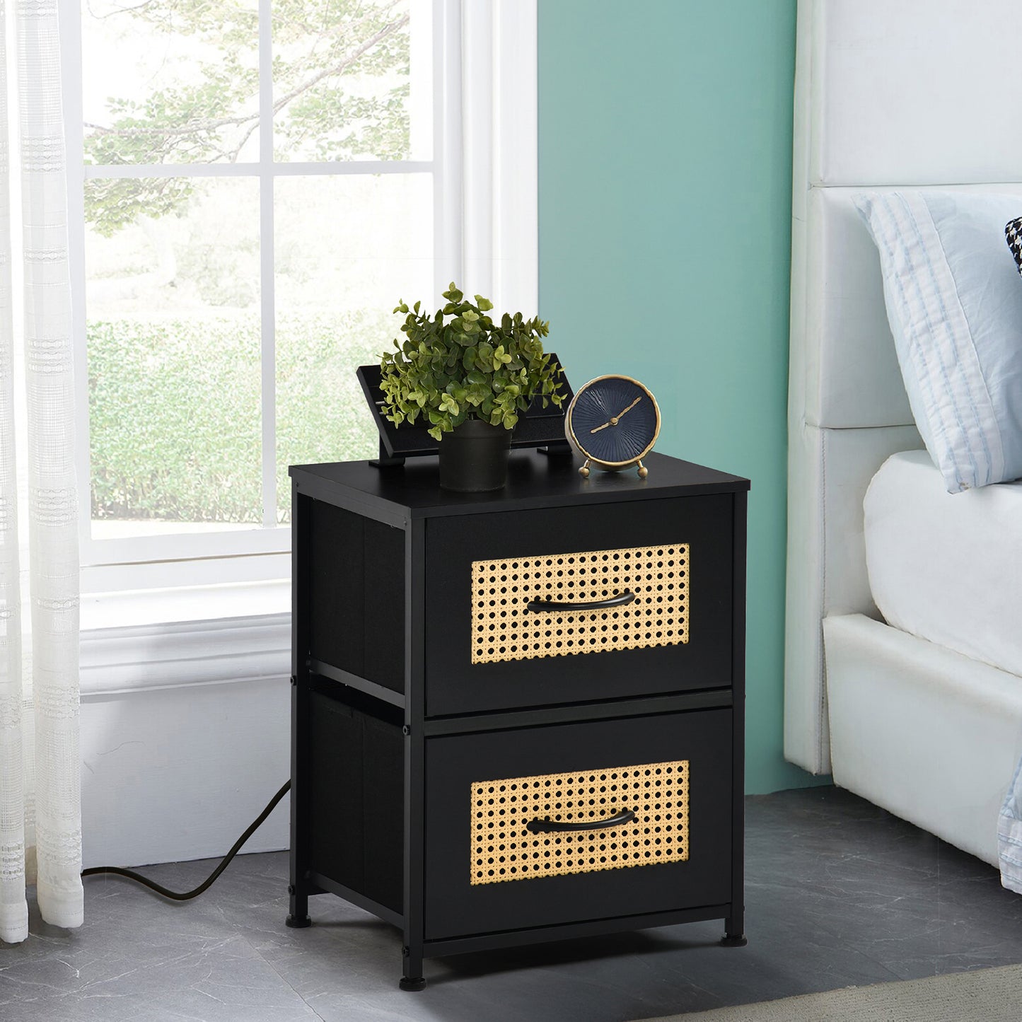 Storage Bedside Nightstand 40cm with Iron Legs-Black-LUNDS