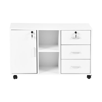 White Wooden 3 Drawer Lateral File Cabinet Lockable with Open Storage Shelves