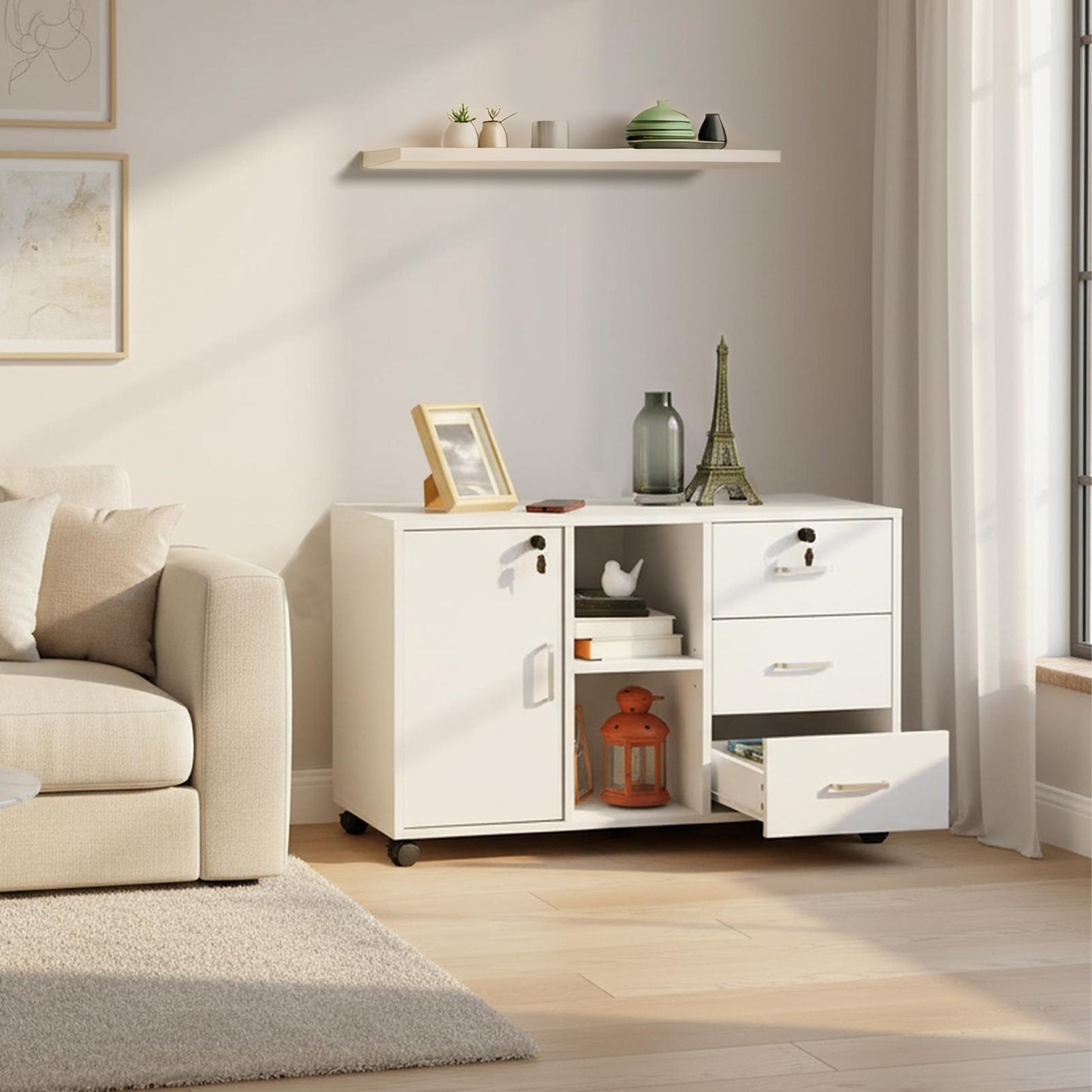 White Wooden 3 Drawer Lateral File Cabinet Lockable with Open Storage Shelves