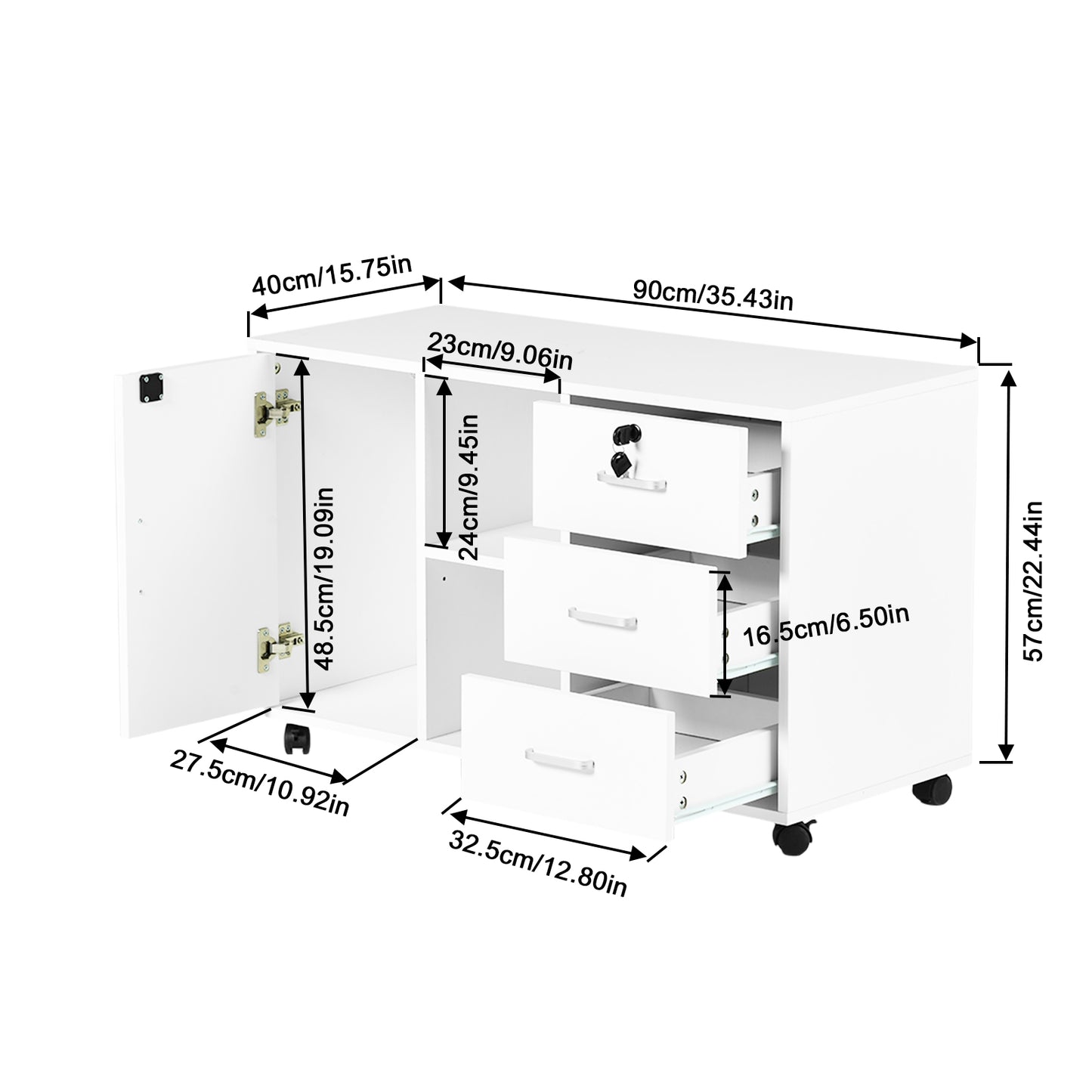 White Wooden 3 Drawer Lateral File Cabinet Lockable with Open Storage Shelves