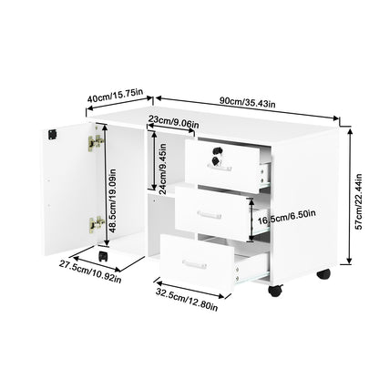 White Wooden 3 Drawer Lateral File Cabinet Lockable with Open Storage Shelves