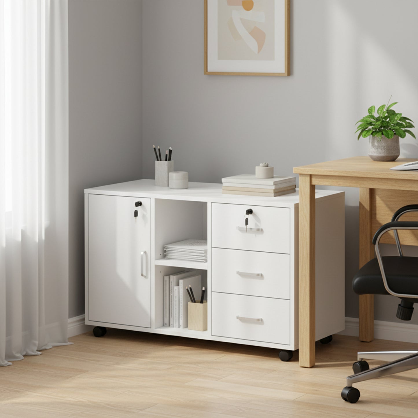 White Wooden 3 Drawer Lateral File Cabinet Lockable with Open Storage Shelves