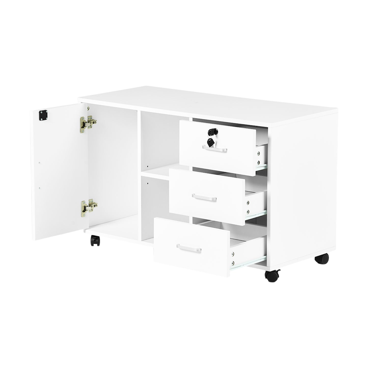 White Wooden 3 Drawer Lateral File Cabinet Lockable with Open Storage Shelves