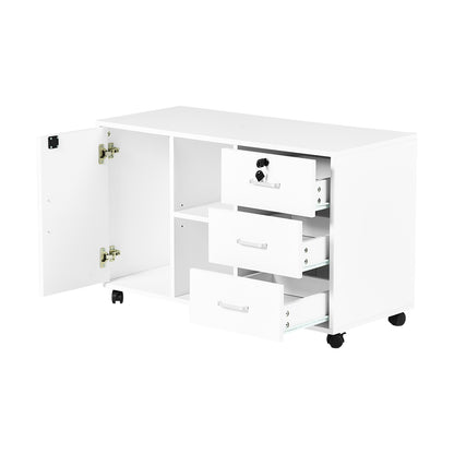 White Wooden 3 Drawer Lateral File Cabinet Lockable with Open Storage Shelves