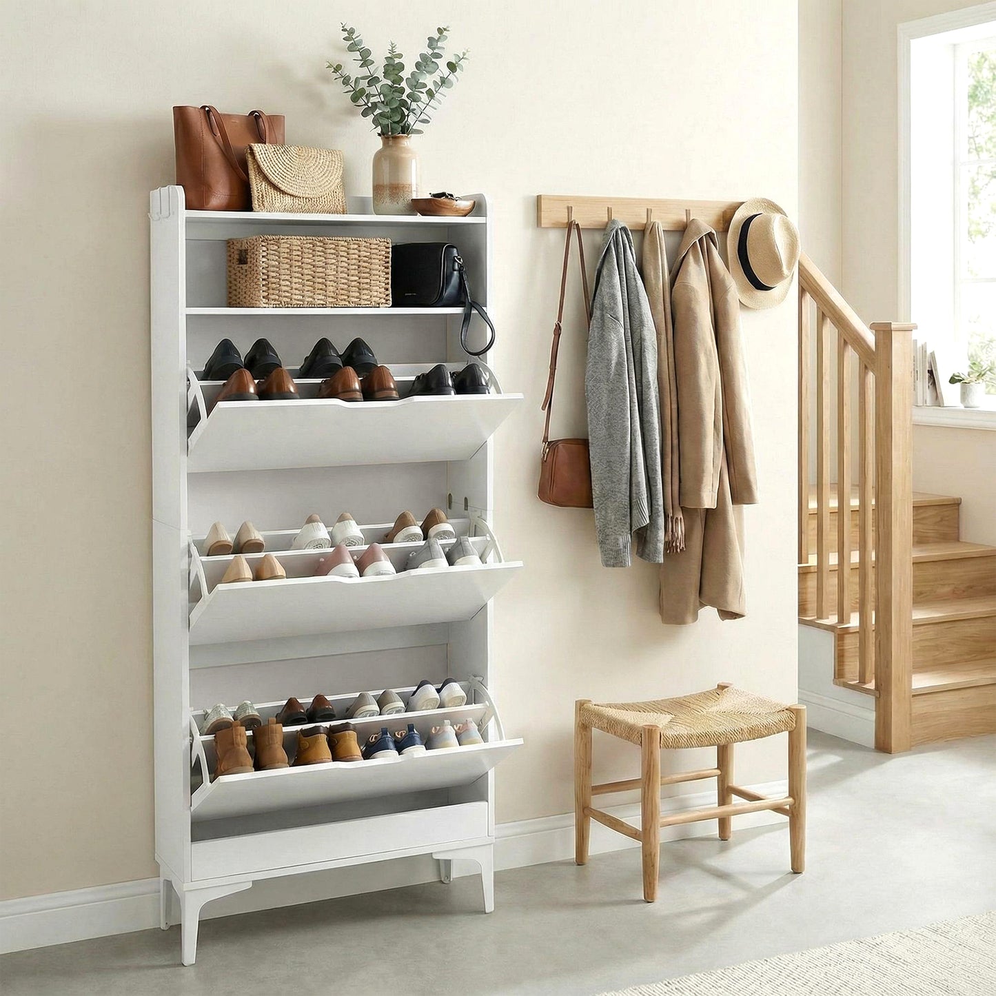 MELVIN Shoe Cabinet 3 Flaps Shoe Rack Shoe 60 x 159.3 cm - MDF White