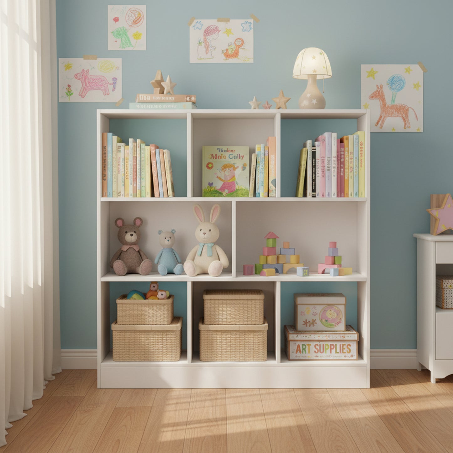 Bookcase Freestanding Storage Unit, 8 Open Compartments-Cloud White