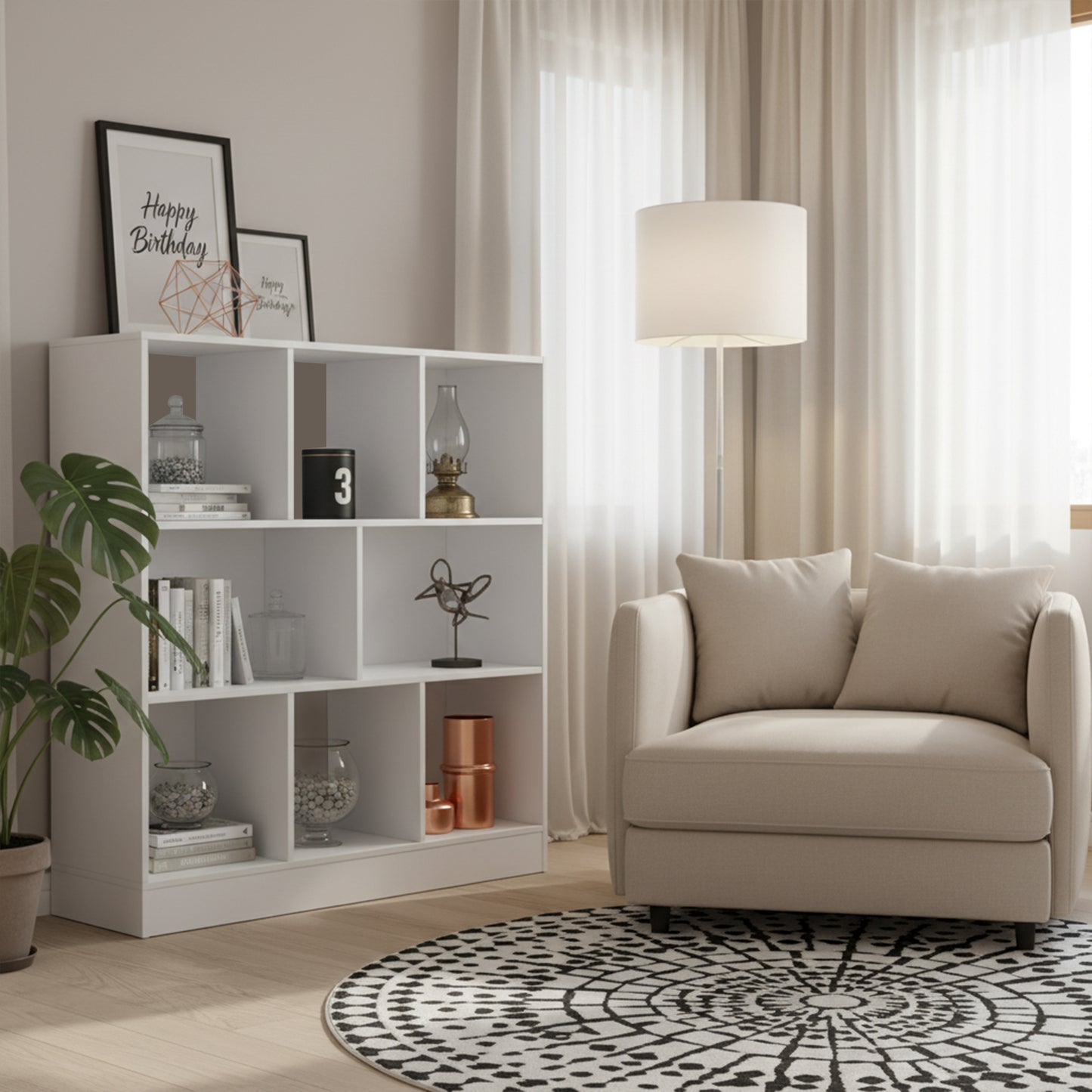 Bookcase Freestanding Storage Unit, 8 Open Compartments-Cloud White