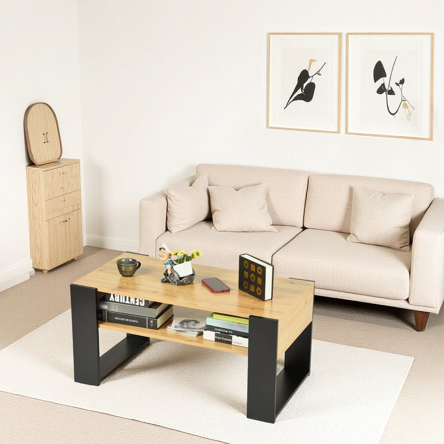 Coffee Table with Shelves, Golden Oak-OWENS