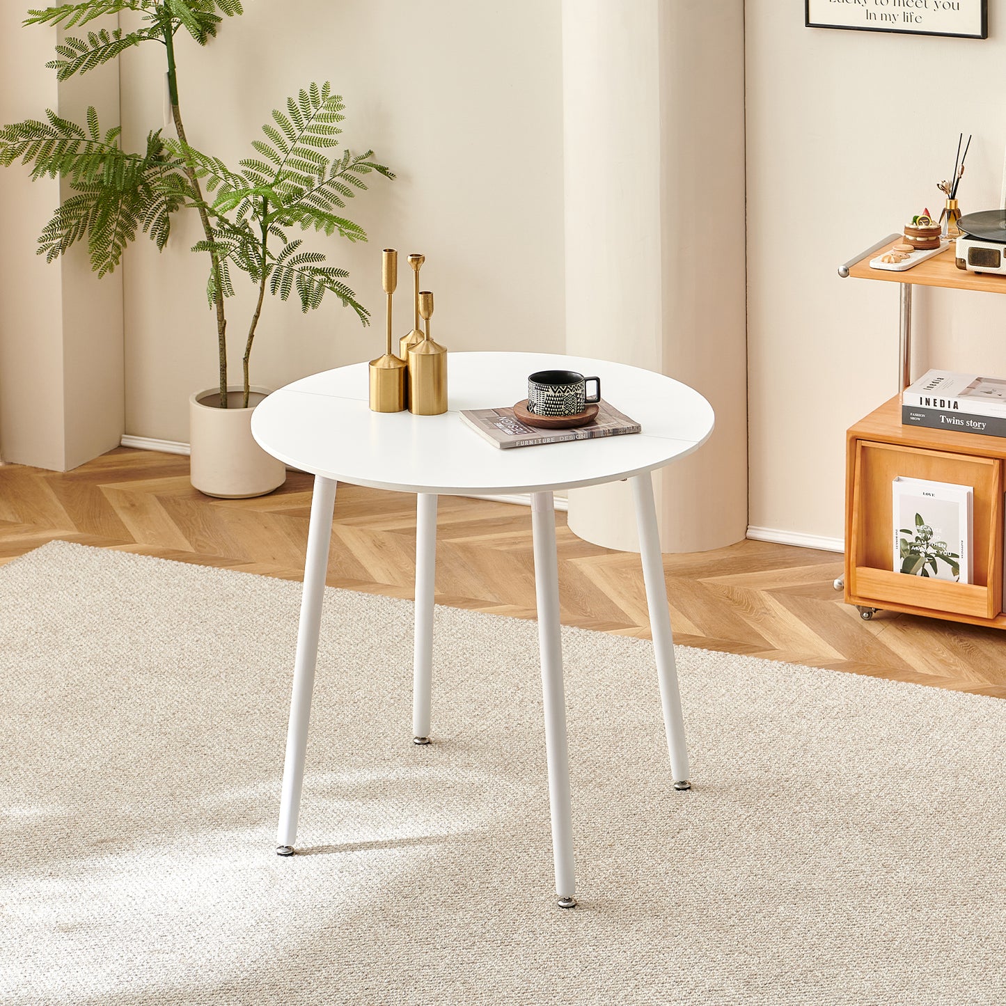 PEA Interrupted Round Dining Table with Beech Legs 80cm - White