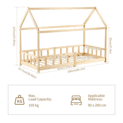 Kids Single House Bed Wood Floor Bed-Wood/White-PINEY