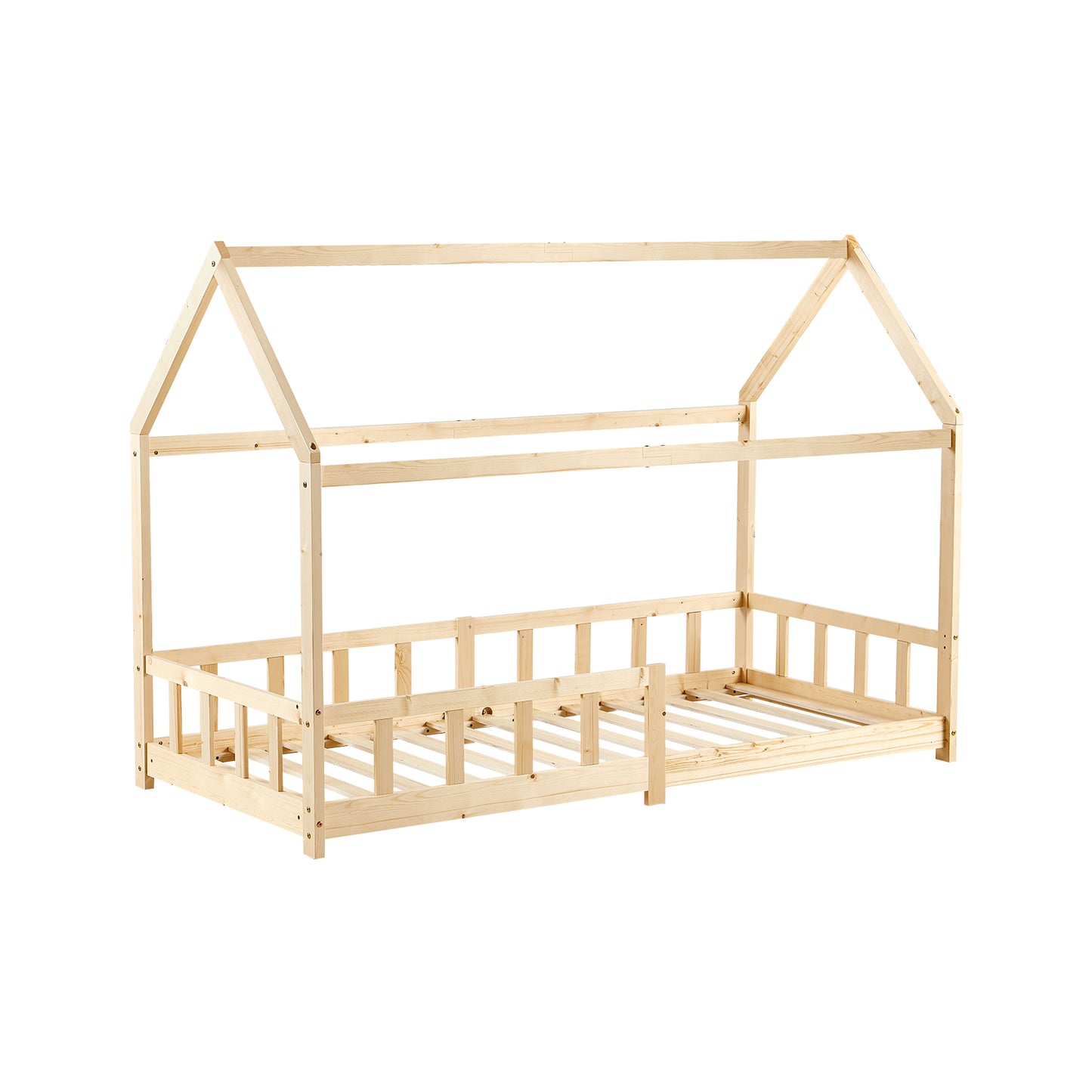 Kids Single House Bed Wood Floor Bed-Wood/White-PINEY