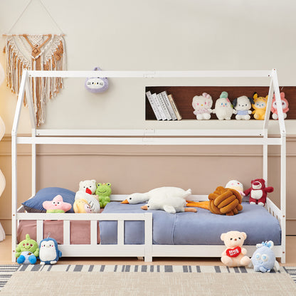 Kids Single House Bed Wood Floor Bed-Wood/White-PINEY