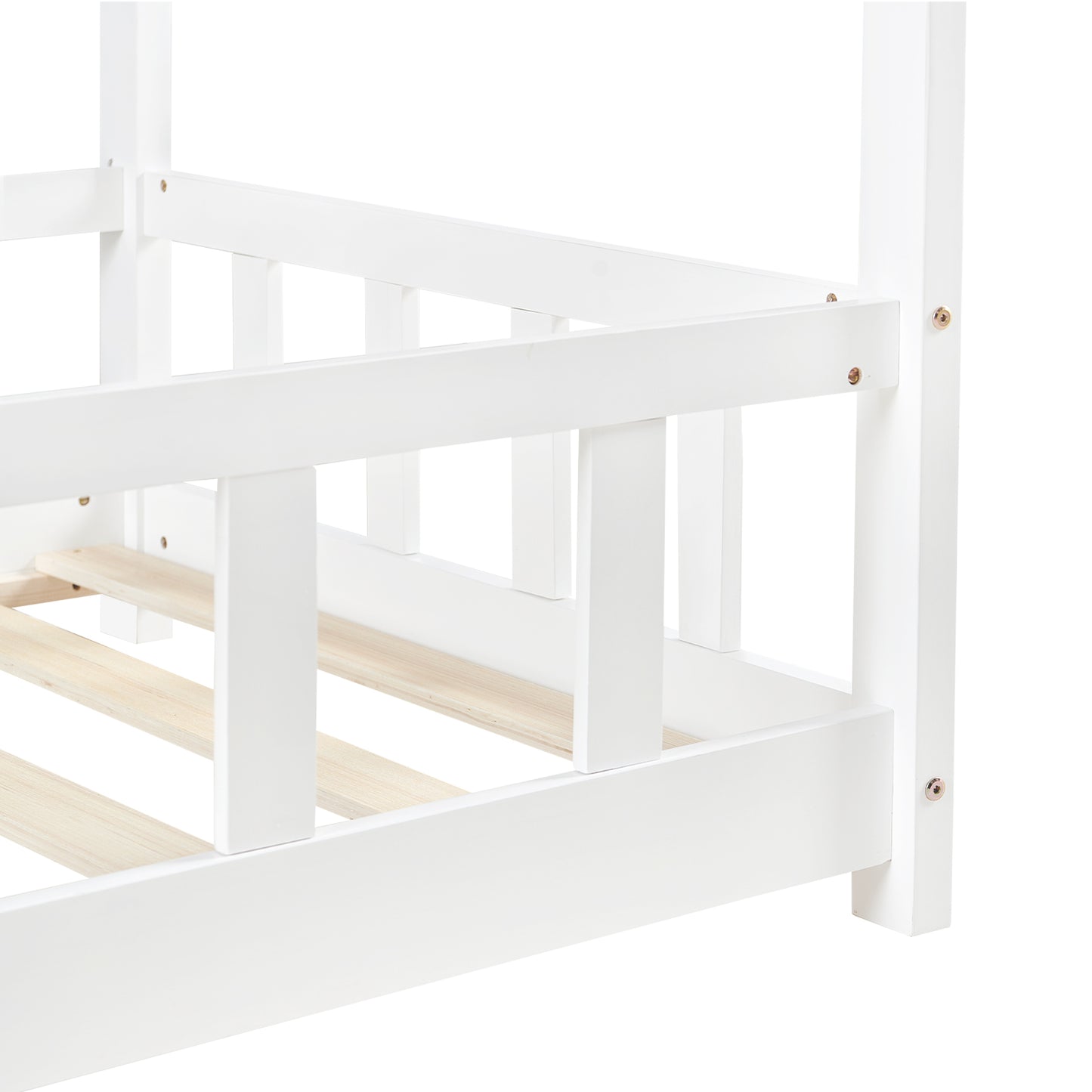 Kids Single House Bed Wood Floor Bed-Wood/White-PINEY