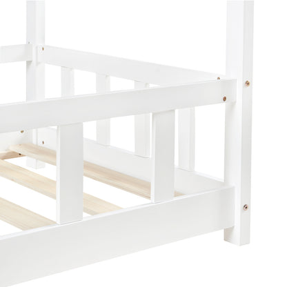 Kids Single House Bed Wood Floor Bed-Wood/White-PINEY