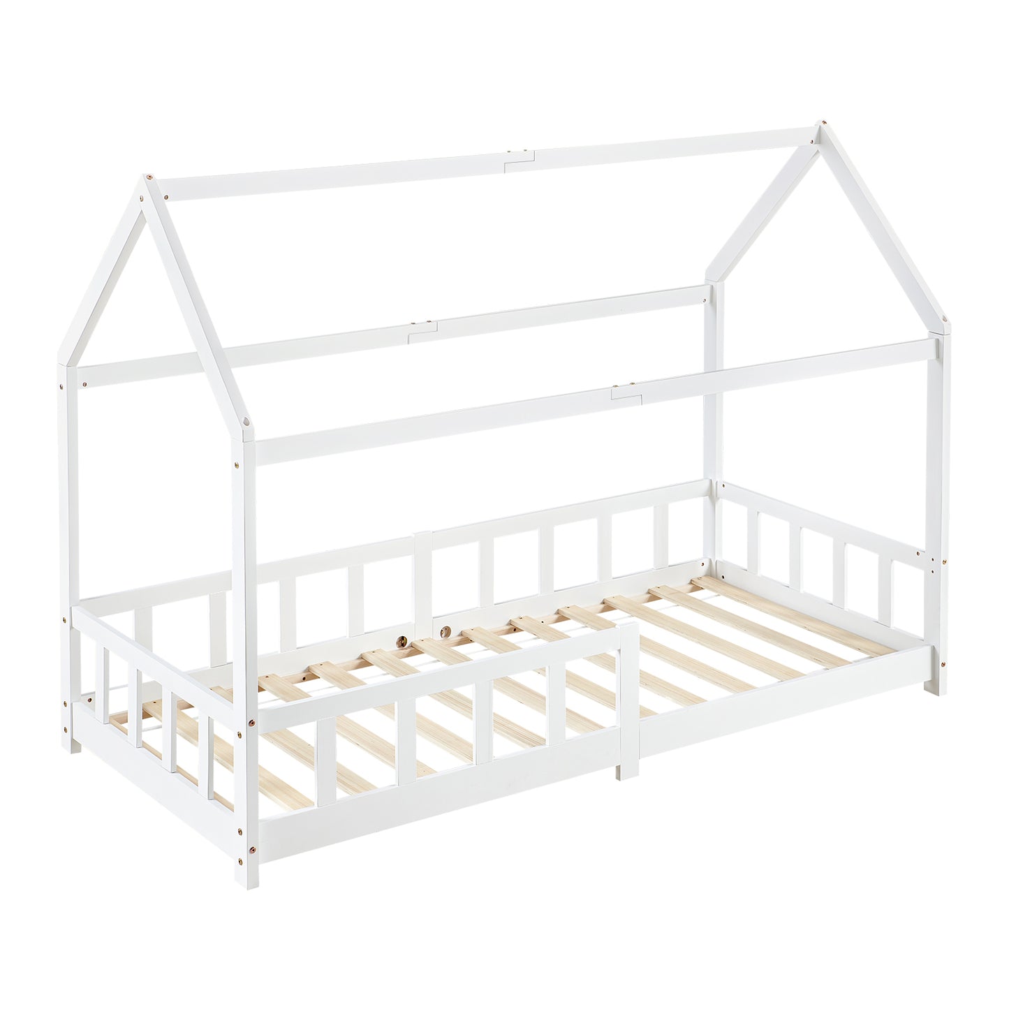 Kids Single House Bed Wood Floor Bed-Wood/White-PINEY