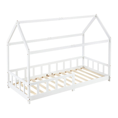 Kids Single House Bed Wood Floor Bed-Wood/White-PINEY