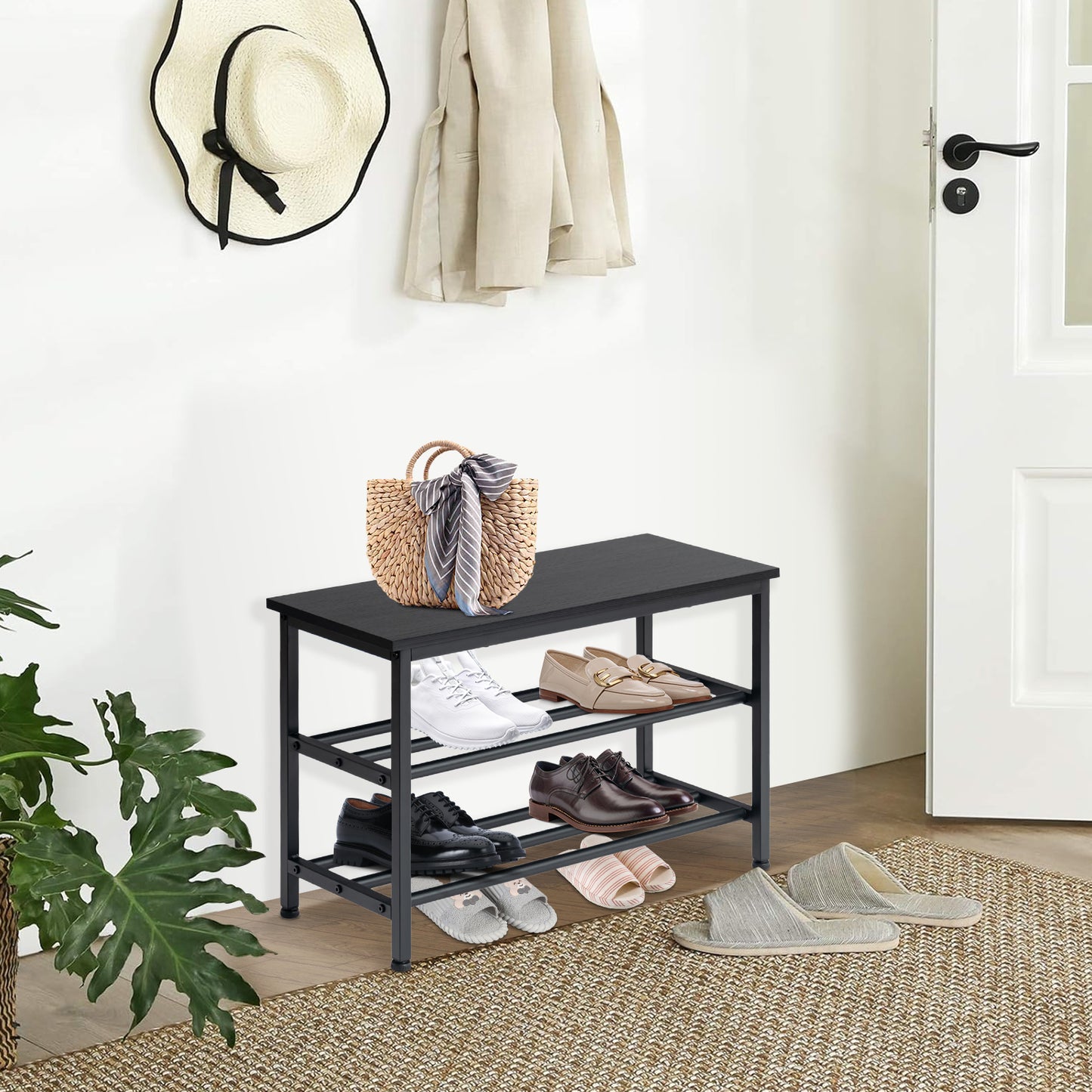 EGGREE Shoe Shelf 3-Tier Shoe Bench Bathroom Shelf with Seat Black-QUEETS