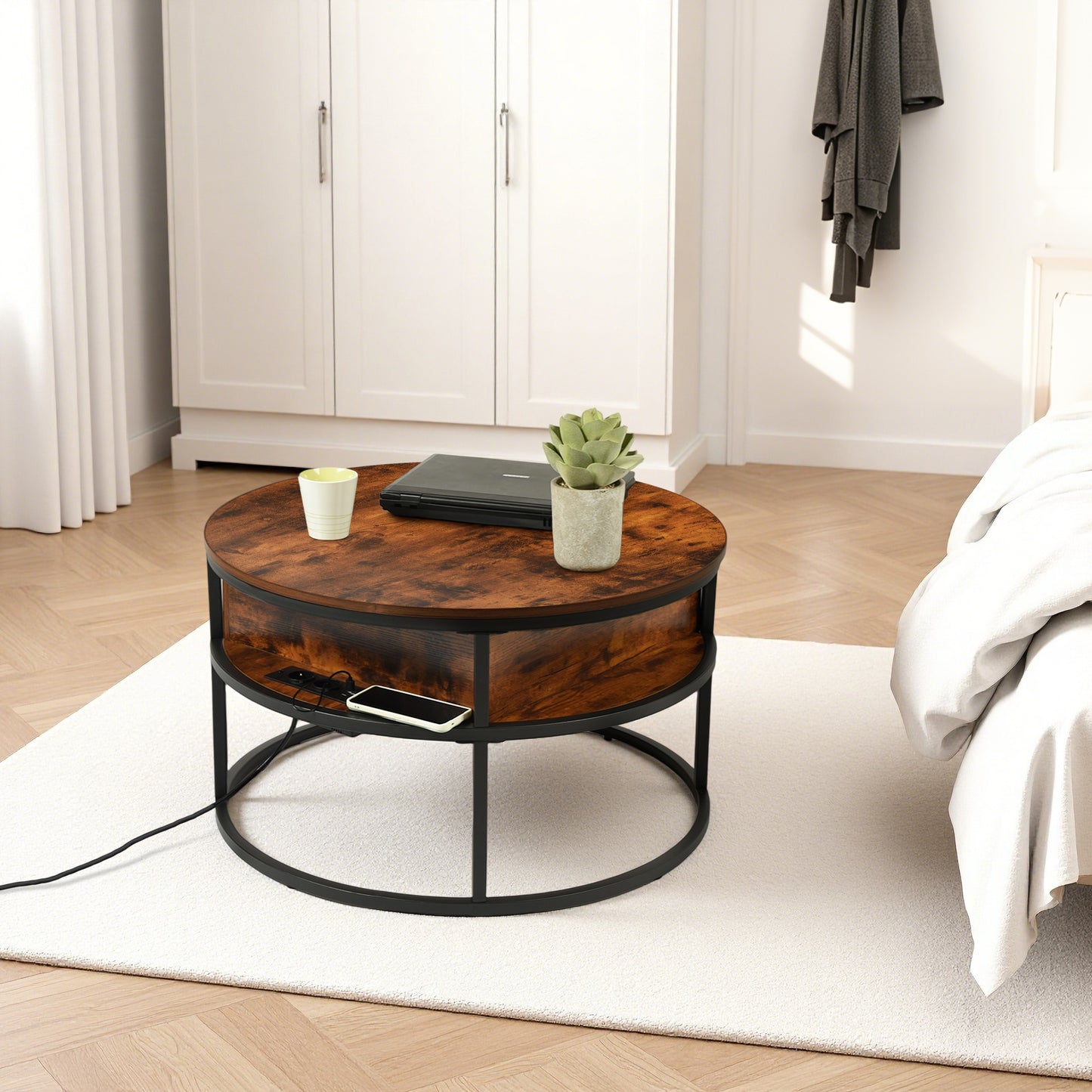 Lift-type Living Room Coffee Table with Hidden Compartment and Power Socket