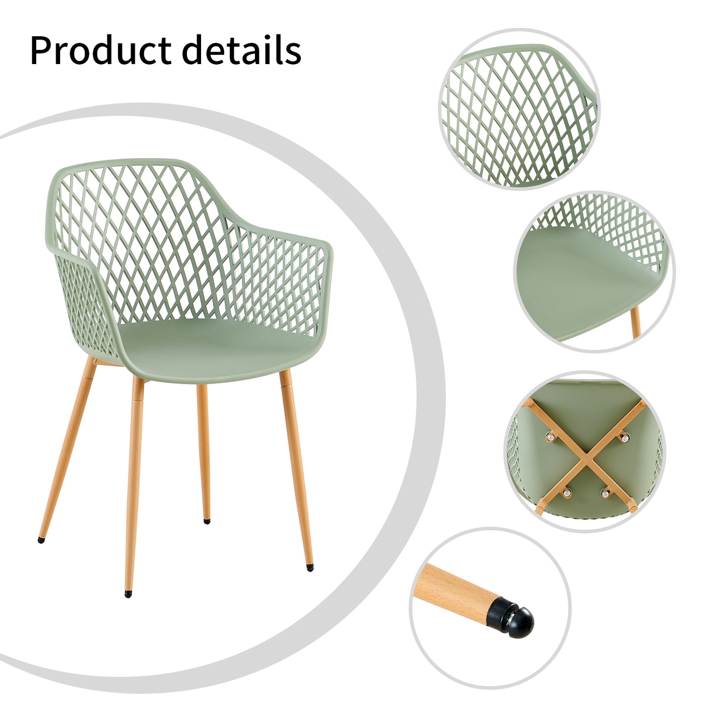 ROME Openwork armrest PP material dining chairs (Set of 4/6) - Grayish green