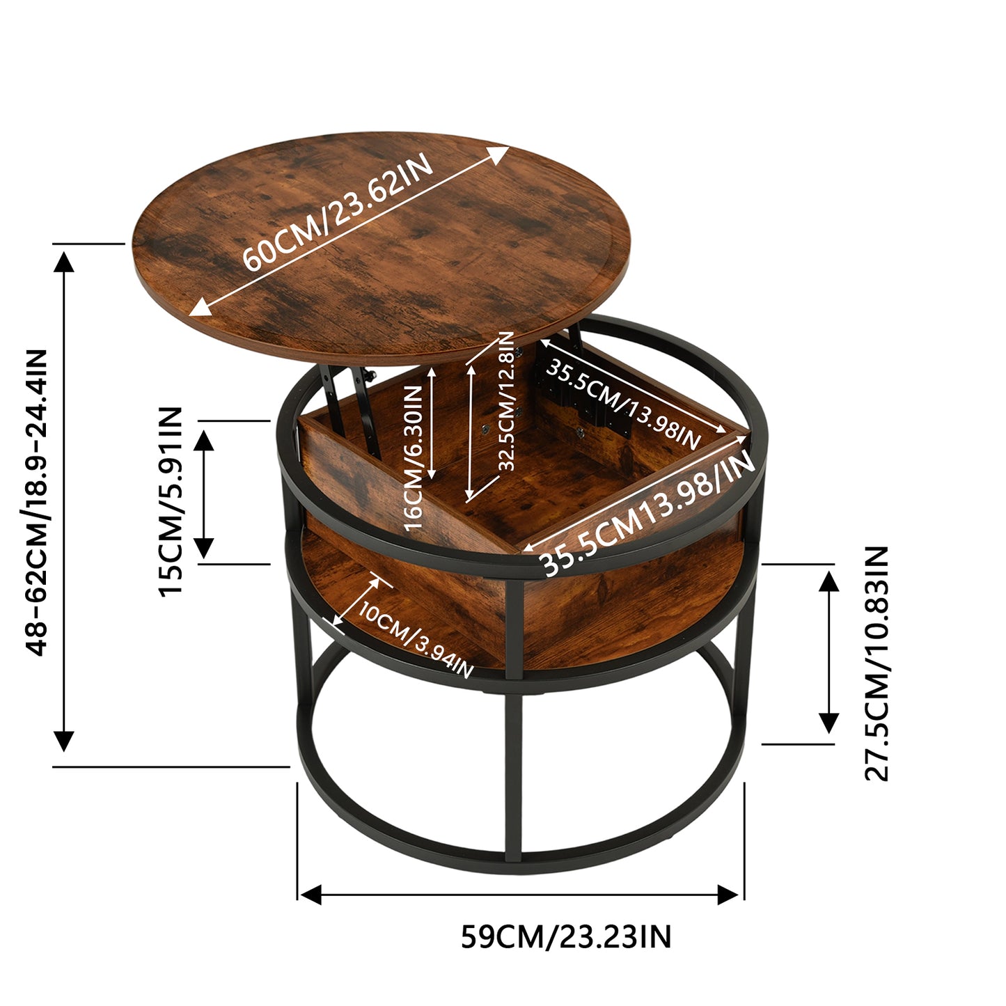 Round Lift-away Coffee Table with Hidden Storage -ROSS