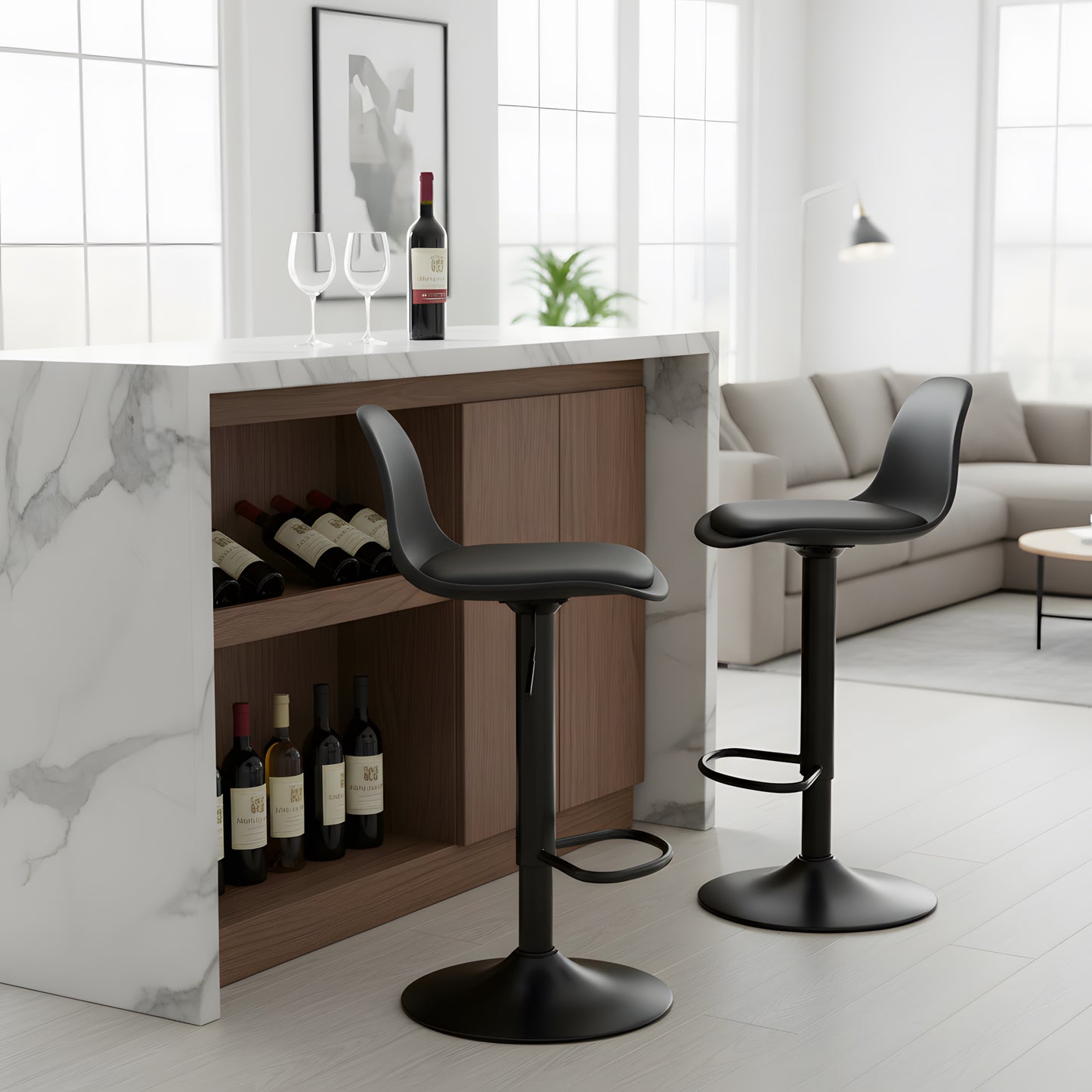 SLATER Modern Adjustable Bar Chair With Backrest and Footrests Set of 2- Black