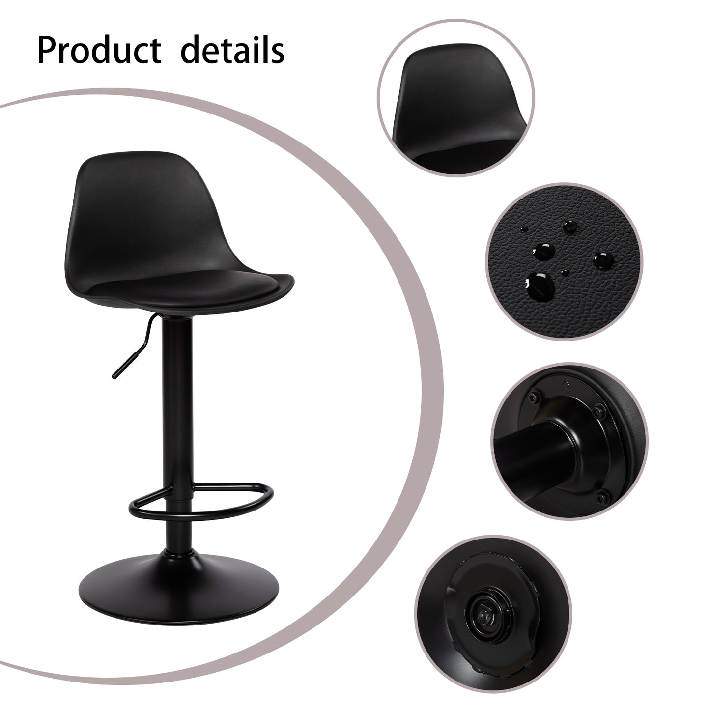 SLATER Modern Adjustable Bar Chair With Backrest and Footrests Set of 2- Black