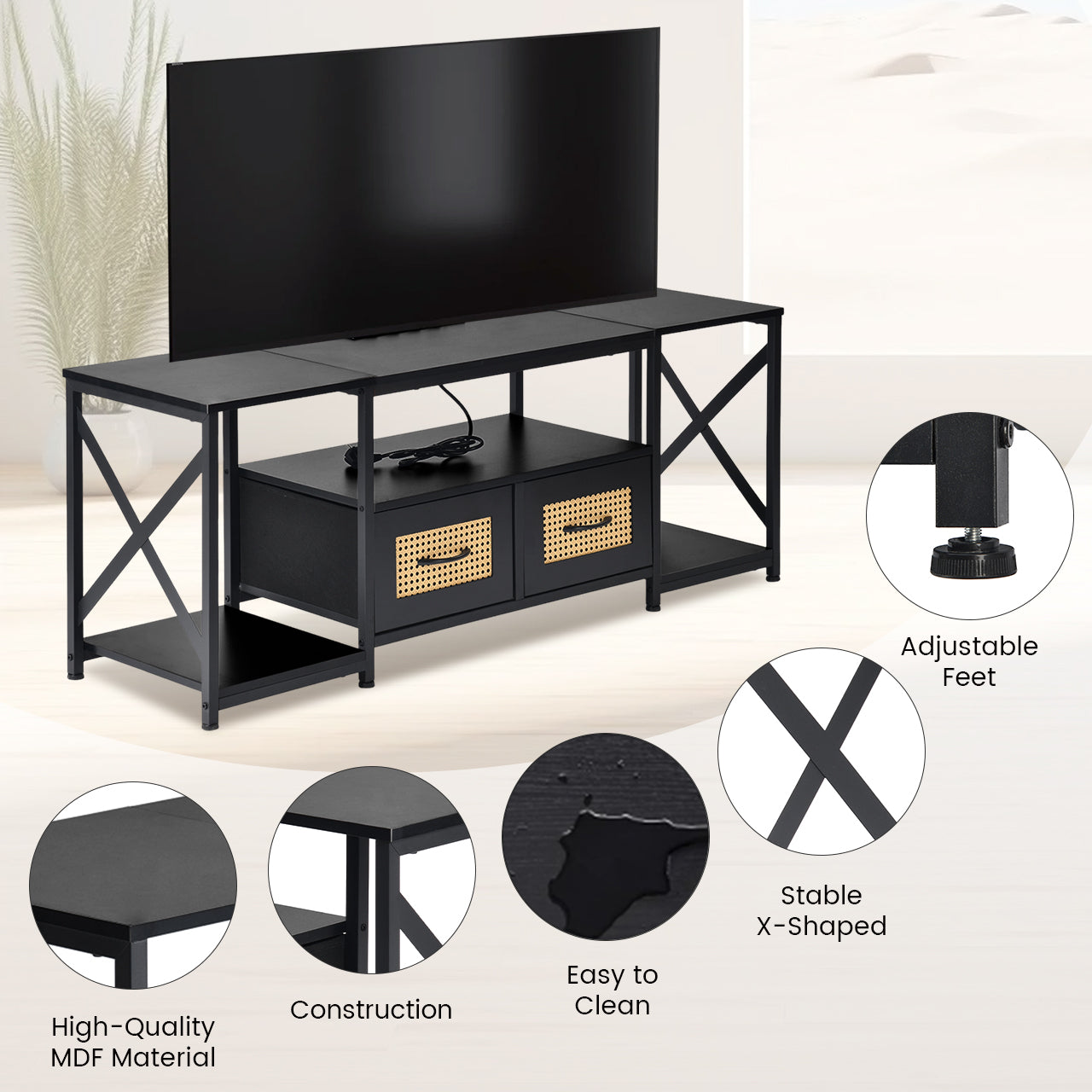 Modern TV Stands Set of 1 with Iron Legs-Black-SLATY