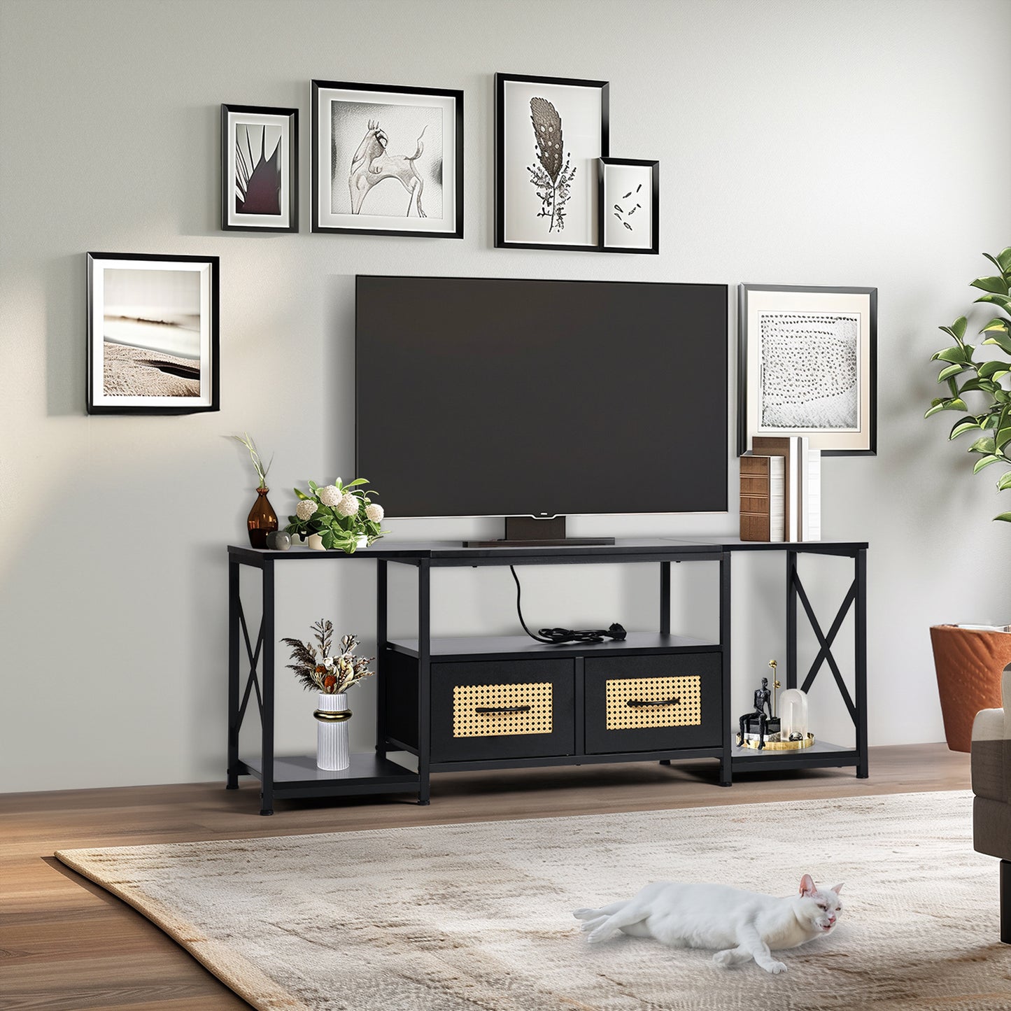 Modern TV Stands Set of 1 with Iron Legs-Black-SLATY