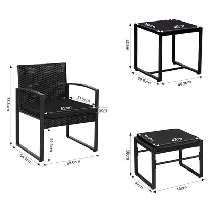 5 Piece Rattan Garden Furniture Set, 2 Armchairs + 2 Footstools + 1 Table-Black