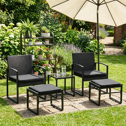 5 Piece Rattan Garden Furniture Set, 2 Armchairs + 2 Footstools + 1 Table-Black