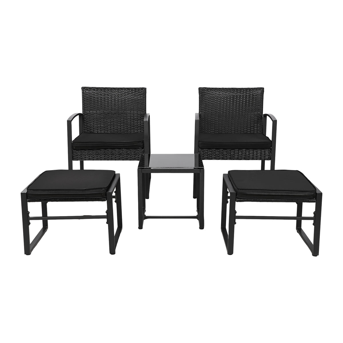 5 Piece Rattan Garden Furniture Set, 2 Armchairs + 2 Footstools + 1 Table-Black