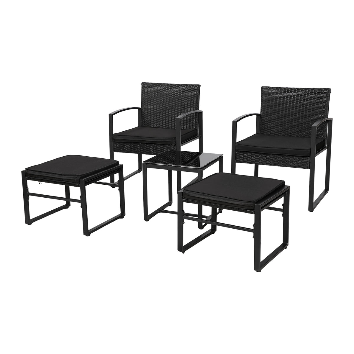 5 Piece Rattan Garden Furniture Set, 2 Armchairs + 2 Footstools + 1 Table-Black
