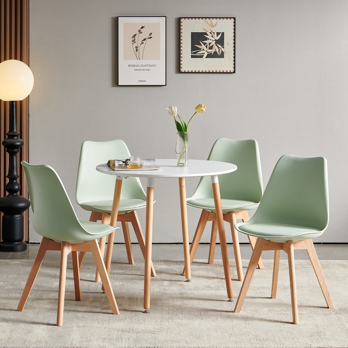 Dining Room Chairs Leather With Oak Legs (Set of 2/4) Tulip-Ice Cream Green and Bean Paste