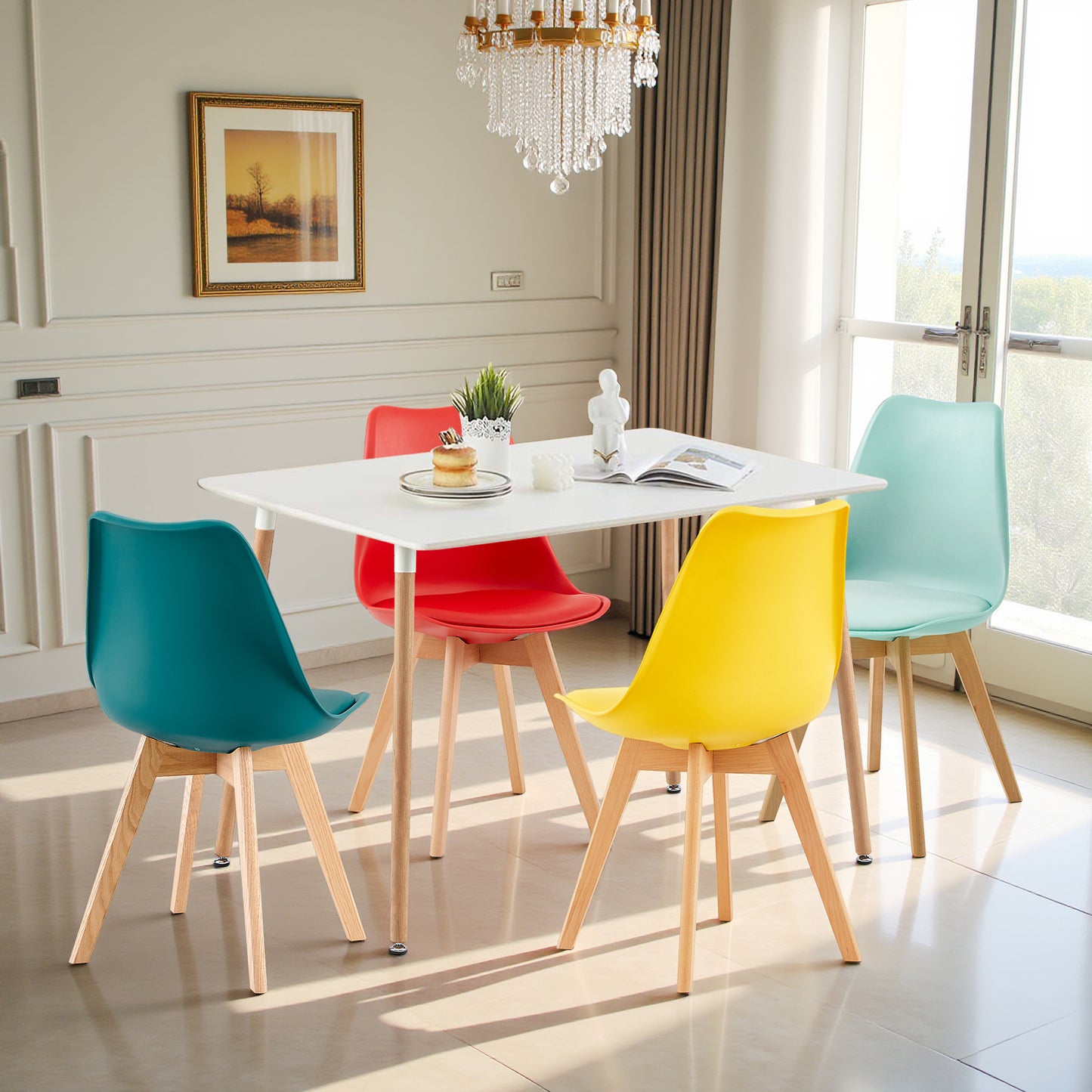 Modern Tulip Dining Chairs Set of 4 Colorful Set with Comfortable Foam Cushions