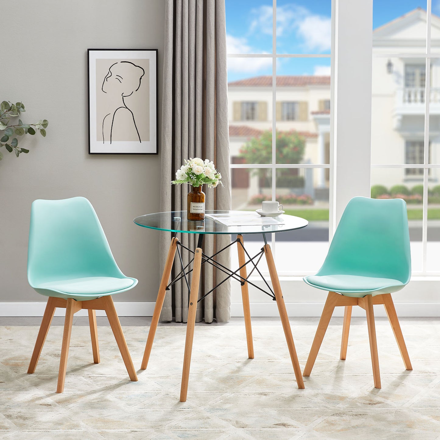 TULIP Upholstered Dining Chair Set of 1- Mint Green/Green/Red