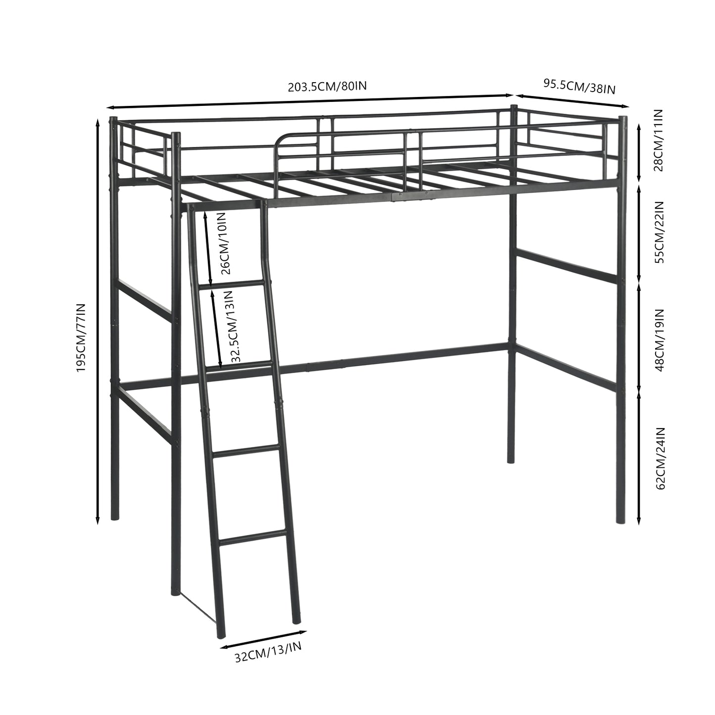 Loft Metal Bed Frame with Integrated Ladder Black-WALDO